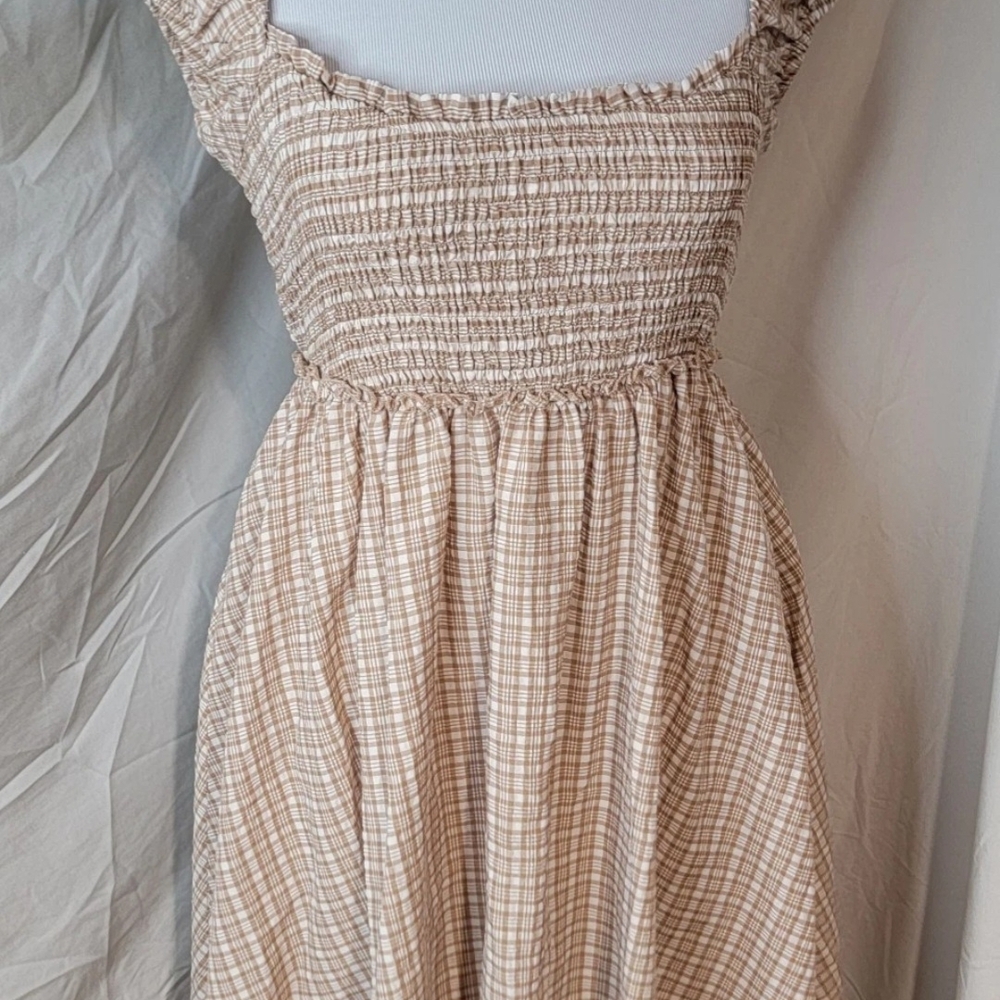 Free People Checkered Midi Dress in Cream and Brown